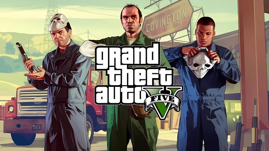 GTA 5 desktop wallpaper featuring Michael, Trevor, and Franklin in heist gear with masks and weapons in front of a Covington warehouse