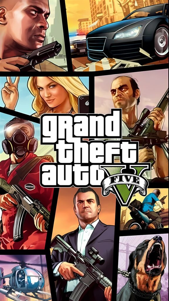 GTA 5 iPhone wallpaper featuring main characters Michael, Franklin, and Trevor, with vehicles, weapons, and action scenes from Grand Theft Auto V