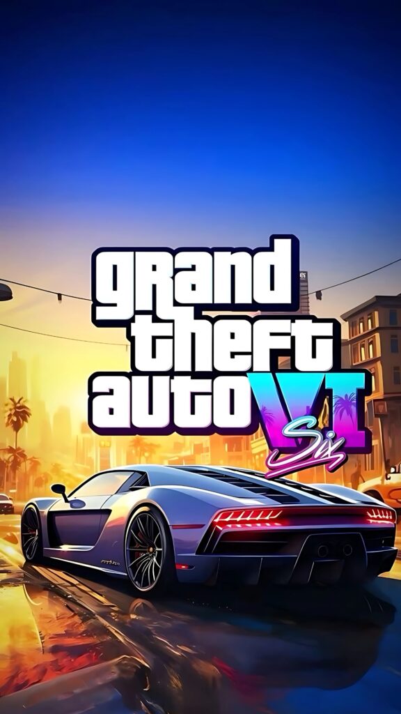 GTA 6 4K wallpaper featuring a luxury sports car on a reflective city street at sunset with the Grand Theft Auto VI logo above