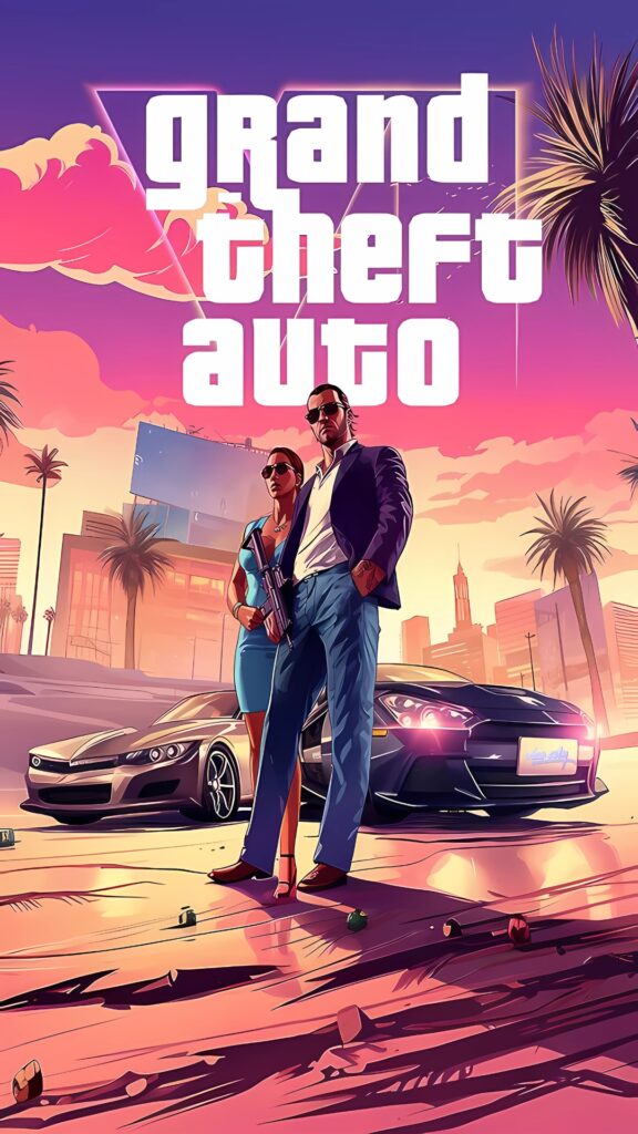 Stylized GTA 6 wallpaper featuring two characters standing in front of luxury cars with a neon-lit Vice City skyline and palm trees