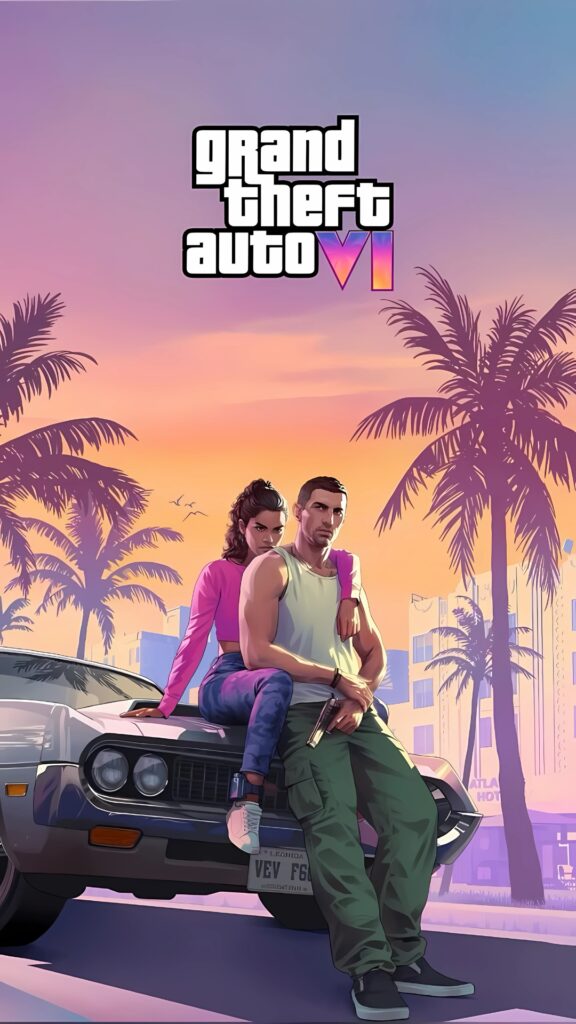 GTA 6 wallpaper featuring Lucia and Jason leaning on a muscle car with palm trees and neon-lit Vice City skyline at sunset.
