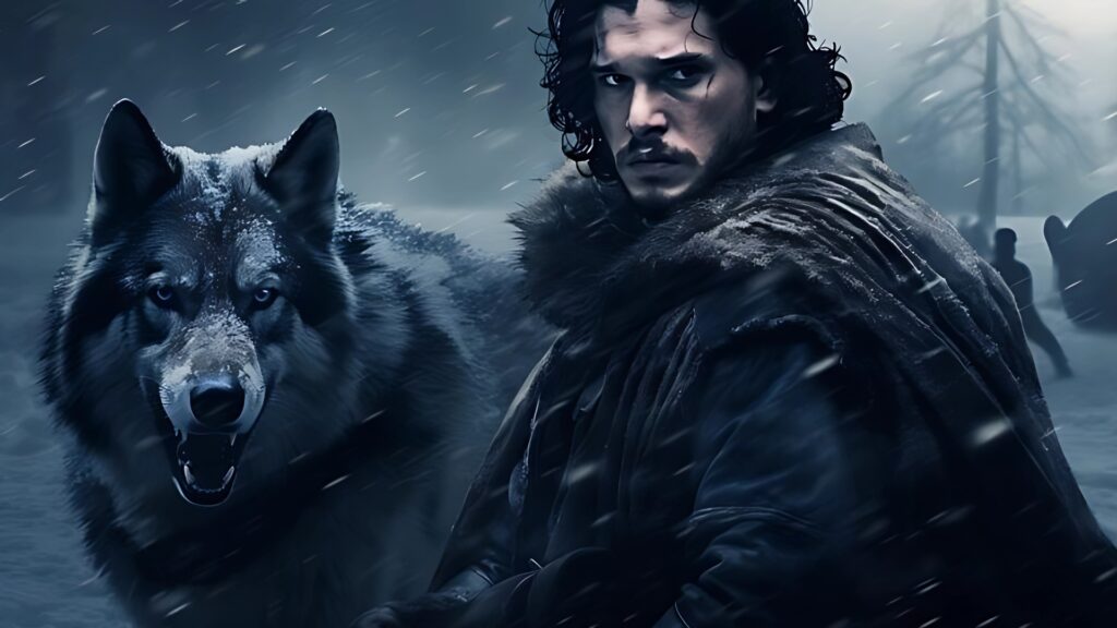 Jon Snow and Ghost in snowy wilderness – Game of Thrones laptop wallpaper