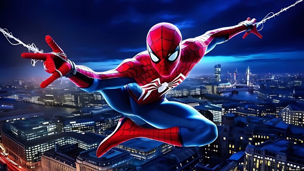 Spider-Man swinging through city skyline at night – high-resolution desktop wallpaper