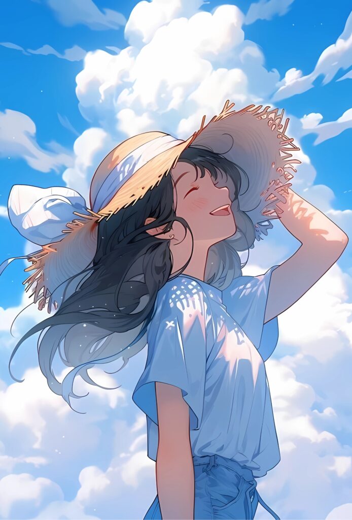 Single cartoon girl smiling under blue sky with straw hat and summer outfit – anime style artwork