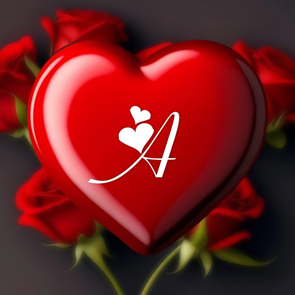 Red heart with white letter A and love hearts surrounded by red roses – romantic A name DP for WhatsApp or Instagram.