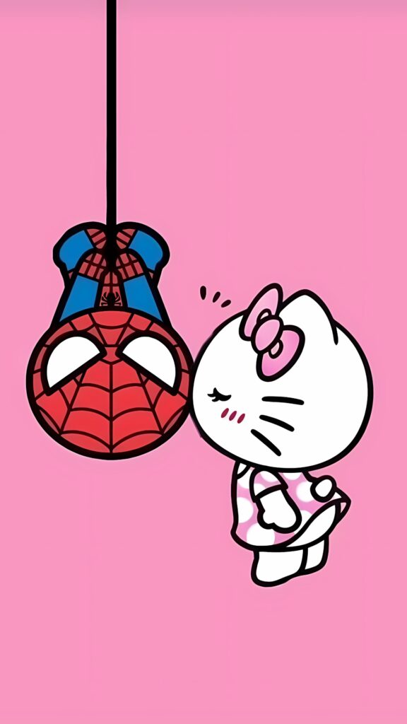 Hello Kitty kissing upside-down Spider-Man – cute pink cartoon wallpaper