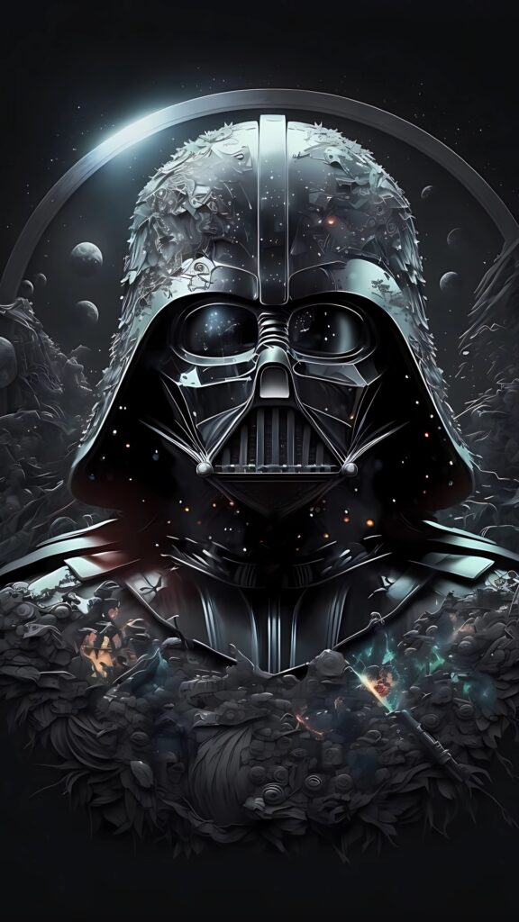 Detailed Darth Vader digital fanart with cosmic background and embedded battle scenes in helmet
