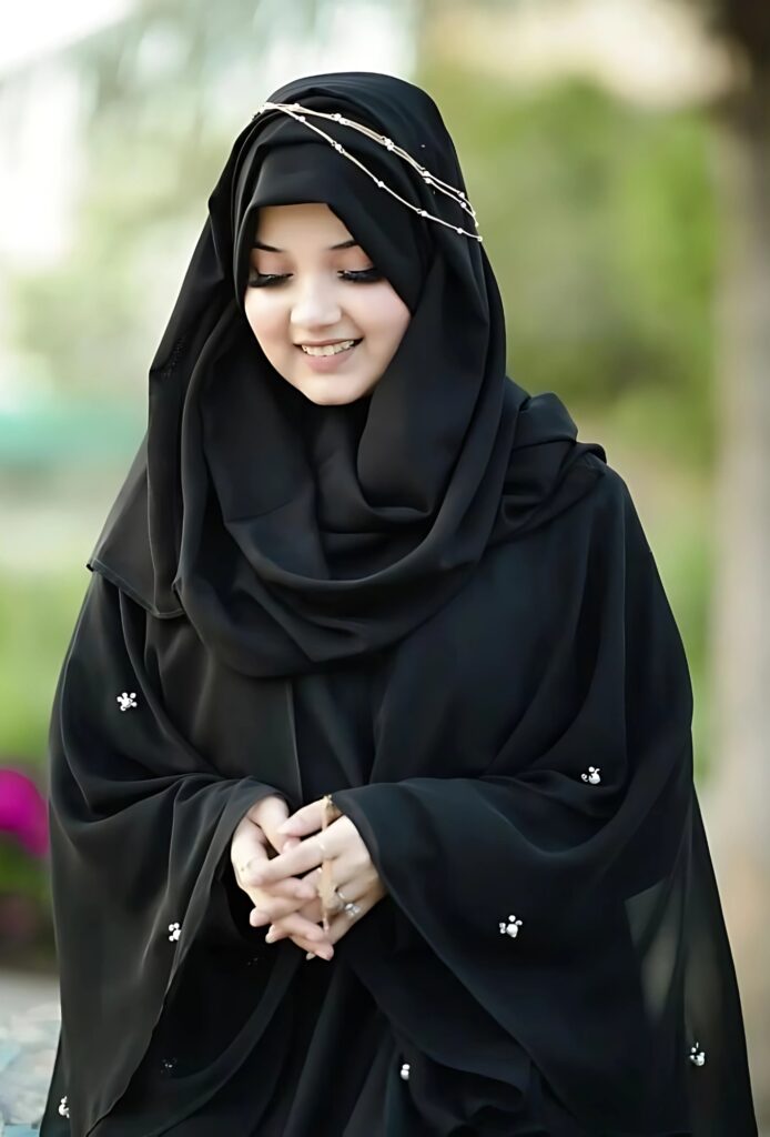 Beautiful hijab girl in black abaya smiling softly, wearing elegant head chain – perfect for new hijab girl photo DP