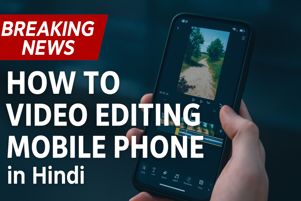 Person editing video on mobile phone using app with Hindi instructions