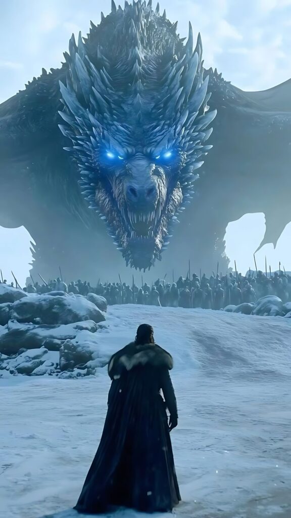 Epic Game of Thrones scene with Jon Snow facing undead dragon Viserion and White Walkers in snowy battlefield