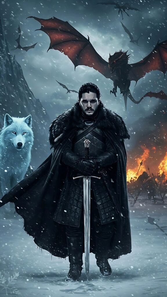 Jon Snow with Ghost and a dragon in snowy battlefield – Game of Thrones wallpaper 4K