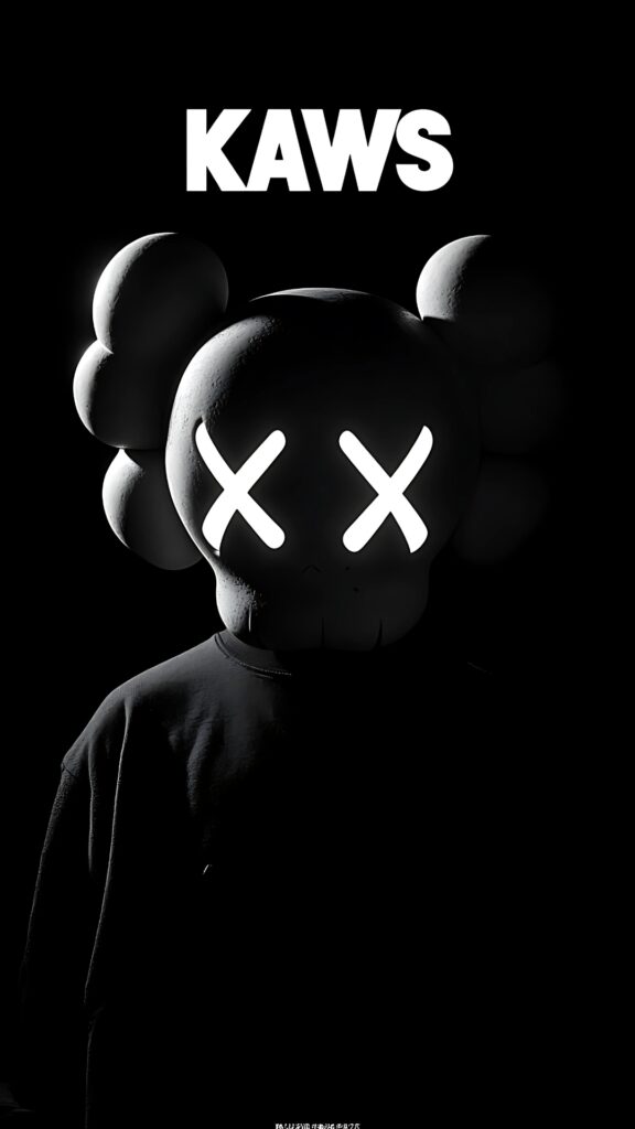 Dark KAWS character wallpaper with glowing XX eyes, bold shadows, and minimalist black background.