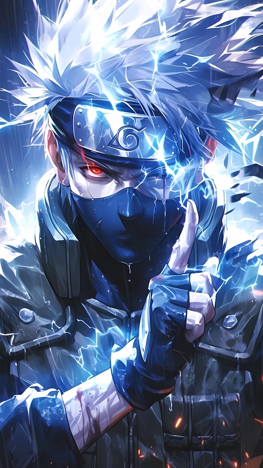 Powerful anime wallpaper of Kakashi Hatake using Chidori, showcasing his Sharingan eye, silver hair, and intense lightning effects in a dark setting.