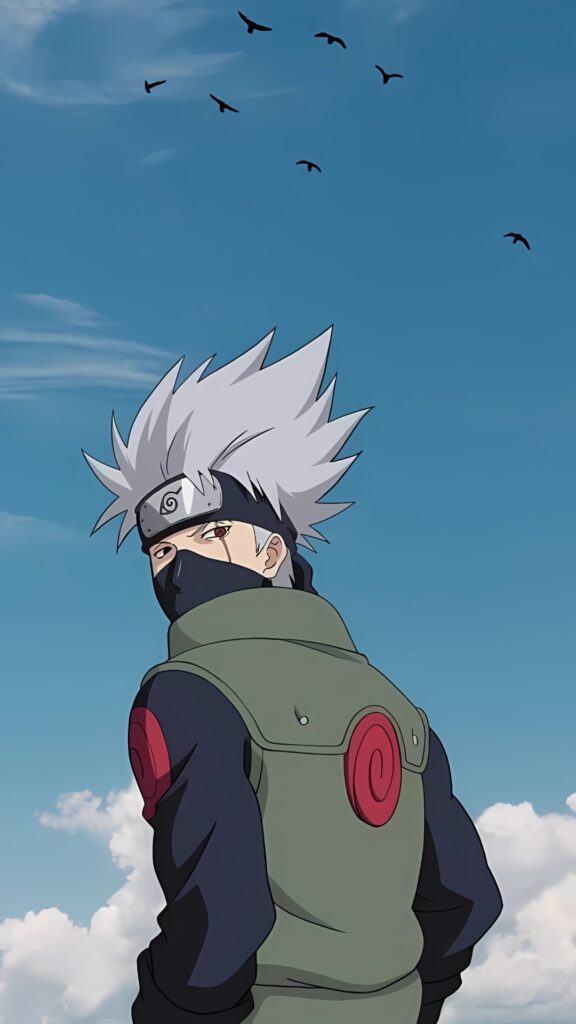 Kakashi Hatake from Naruto anime standing against a vivid blue sky with clouds and birds flying above, wearing his iconic green vest and headband.