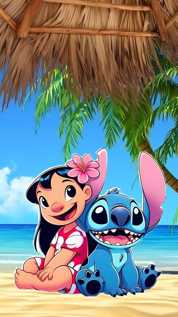 Lilo and Stitch sitting on a tropical beach with a thatched roof and palm trees in the background