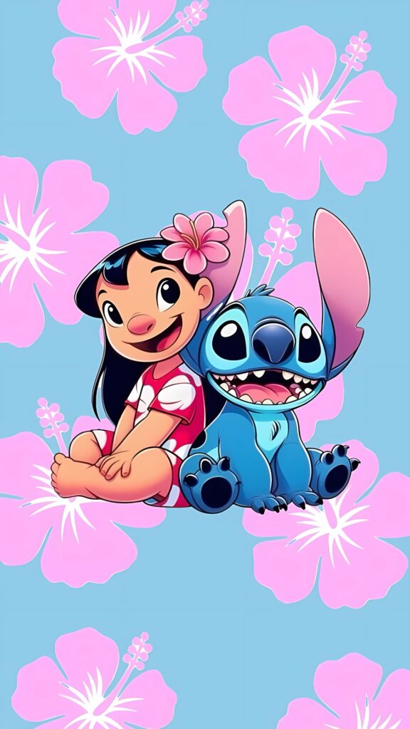 Cartoon Lilo and Stitch sitting happily together on a blue background with pink hibiscus flowers