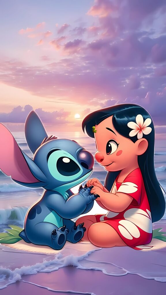 Lilo and Stitch holding hands on the beach during a pastel-colored sunset with ocean waves in the background
