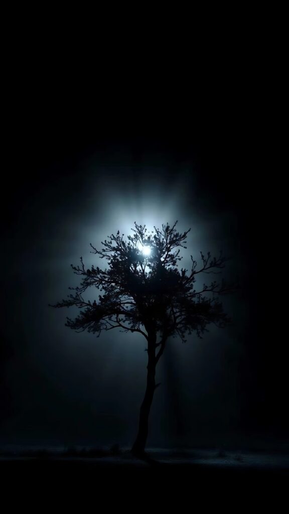 Silhouette of a solitary tree at night with moonlight glowing behind it in a dark forest scene