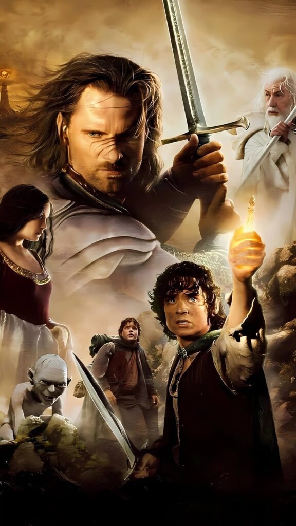 Vertical phone wallpaper featuring Lord of the Rings characters like Aragorn, Frodo, Gandalf, Sam, Arwen, and Gollum with the Eye of Sauron in the background.