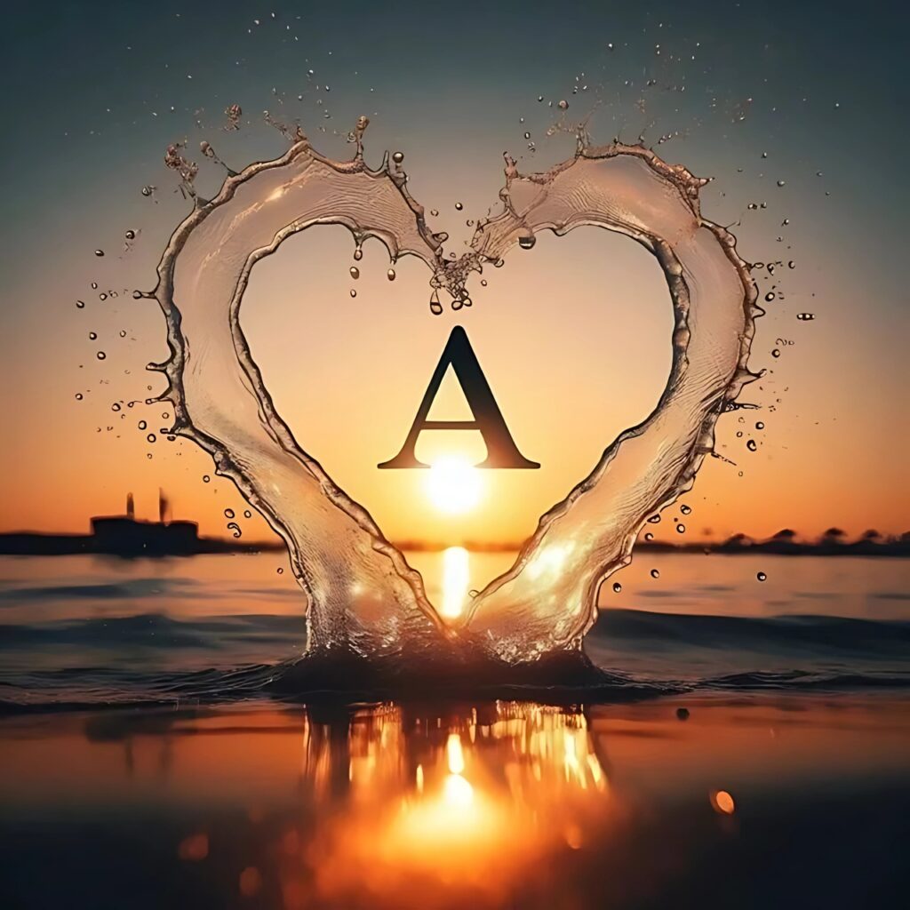 A letter love DP with water heart splash at sunset, perfect for romantic A name profile picture.