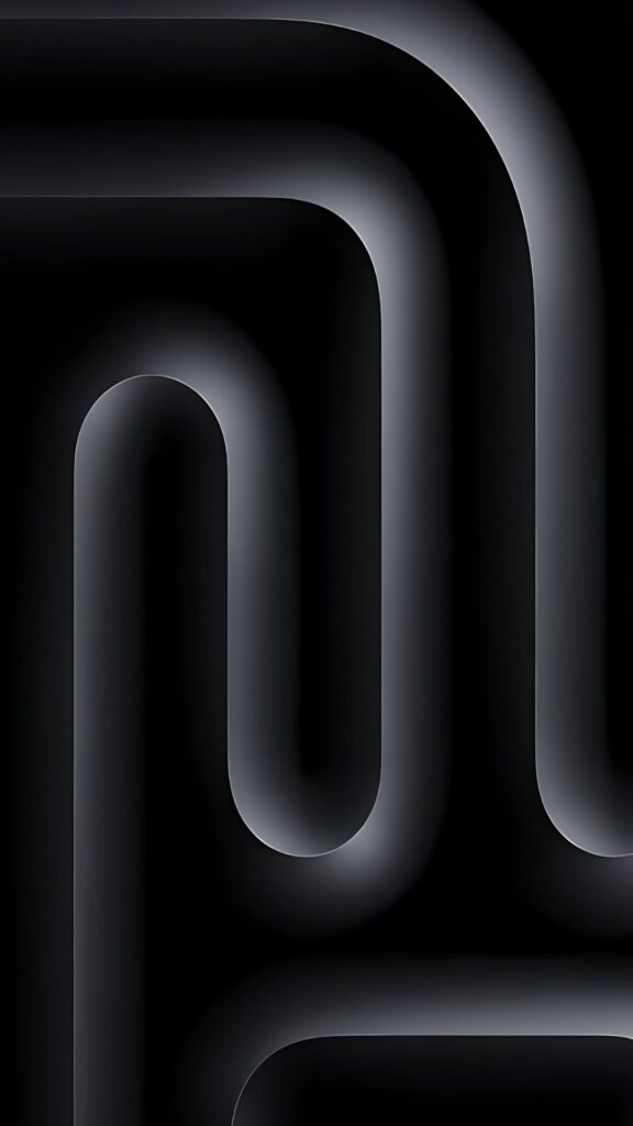 Matte black abstract wallpaper with soft curved lines and 3D shadowed depth.