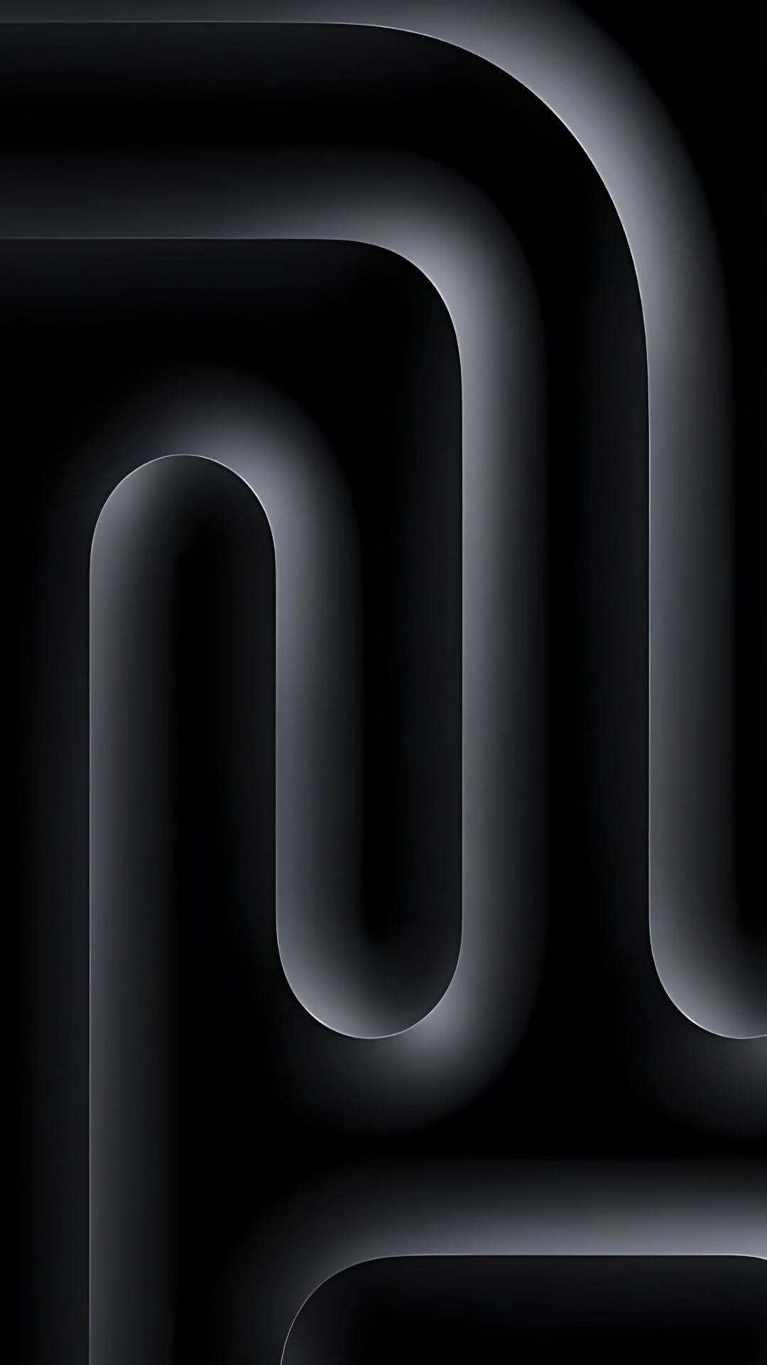 Matte black abstract wallpaper with soft curved lines and 3D shadowed depth.