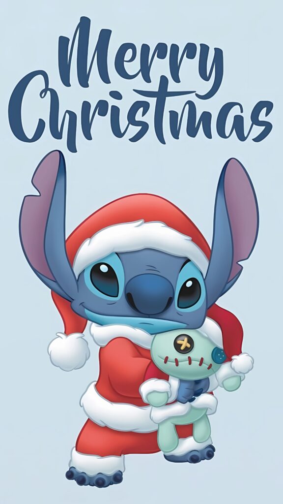 Cute Stitch dressed in a red Santa suit holding Scrump doll with "Merry Christmas" text above on a light blue background