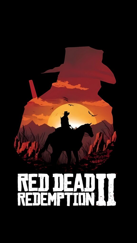 4K Red Dead Redemption 2 wallpaper with cowboy silhouette on horseback inside hat outline and sunset backdrop