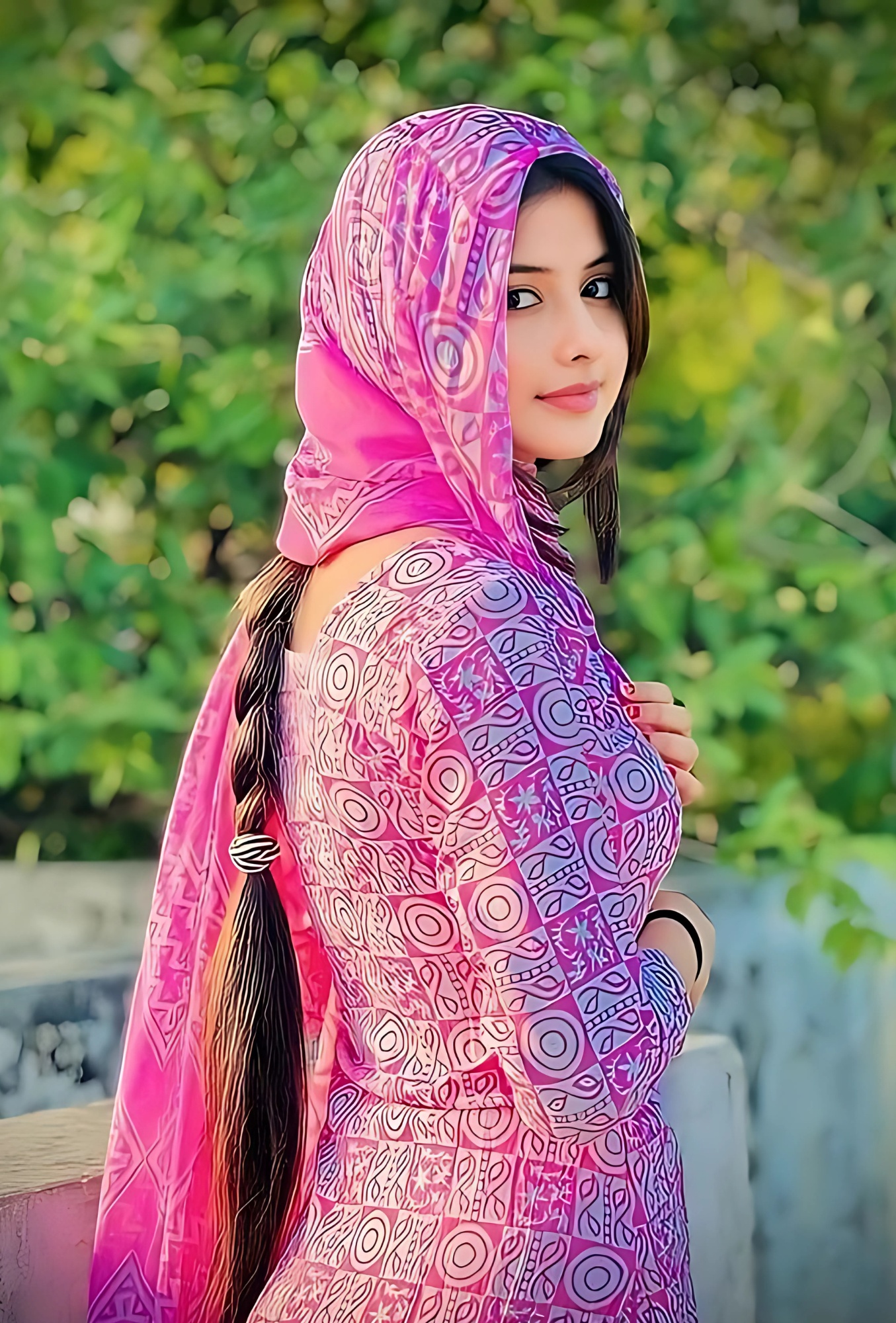 Beautiful Muslim girl in traditional pink dress with dupatta, posing outdoors – HD wallpaper