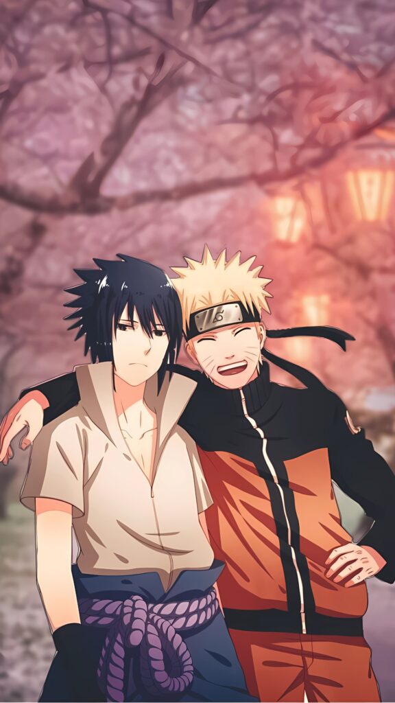 Anime wallpaper of Naruto and Sasuke walking together under cherry blossom trees, with Naruto smiling and Sasuke looking calm and composed.