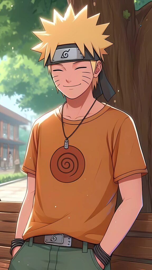 Smiling Naruto Uzumaki in a 4K anime wallpaper, wearing a casual orange t-shirt with the Leaf Village symbol, standing near a tree in a peaceful village setting.