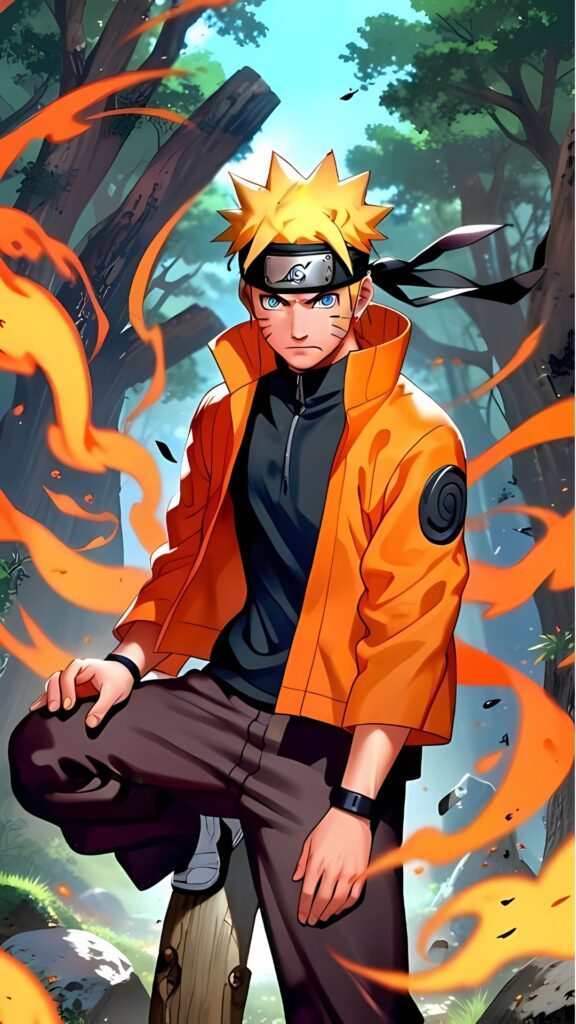 Naruto Uzumaki surrounded by fiery chakra flames in a forest, wearing his iconic orange jacket and Leaf Village headband, in a dynamic 4K anime wallpaper.