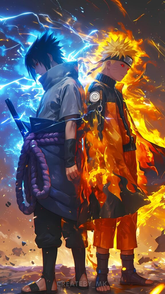 Epic Naruto and Sasuke 4K wallpaper showing Naruto surrounded by fiery chakra and Sasuke with electric lightning aura, both standing back to back, symbolizing their rivalry.