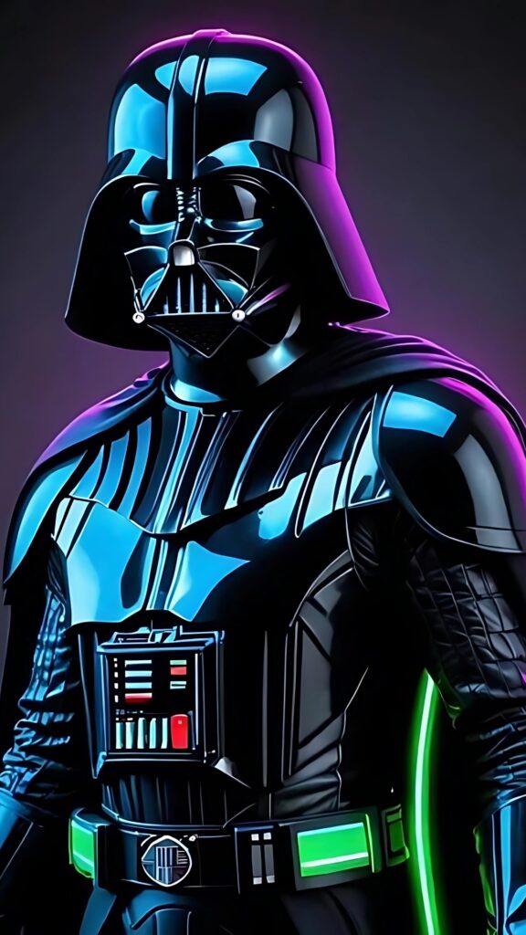 Futuristic Darth Vader wallpaper with glowing neon lights and detailed black armor on dark background