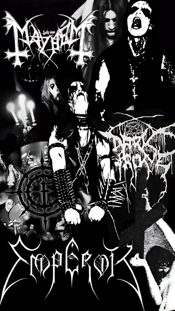 Black metal wallpaper featuring iconic Norwegian bands Mayhem, Darkthrone, and Emperor with corpse paint, dark aesthetics, and band logos