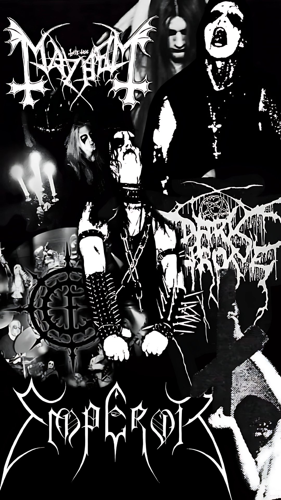 Black metal wallpaper featuring iconic Norwegian bands Mayhem, Darkthrone, and Emperor with corpse paint, dark aesthetics, and band logos