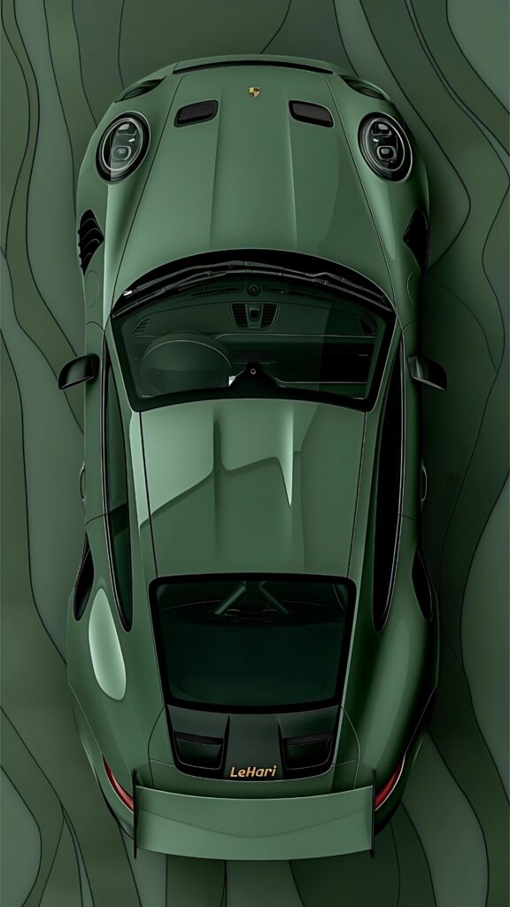 Top view of olive green Porsche 911 GT3 on textured background with LeHari branding