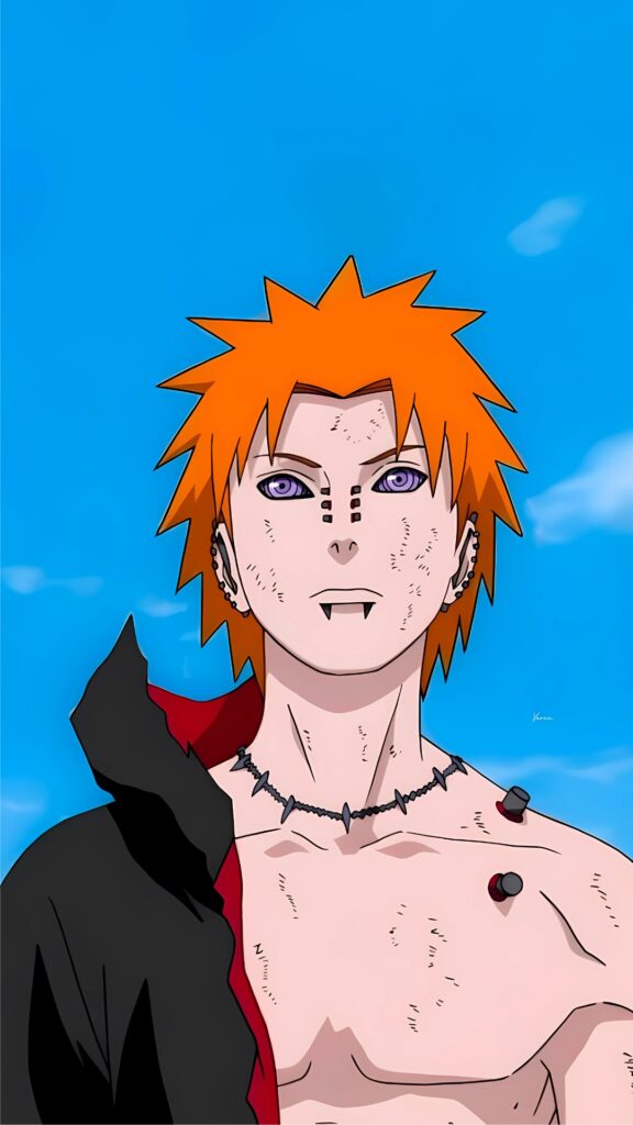 Anime character Pain (Nagato) from Naruto Shippuden standing shirtless under a clear blue sky with visible Rinnegan eyes, Akatsuki cloak, piercings, and spiked orange hair.