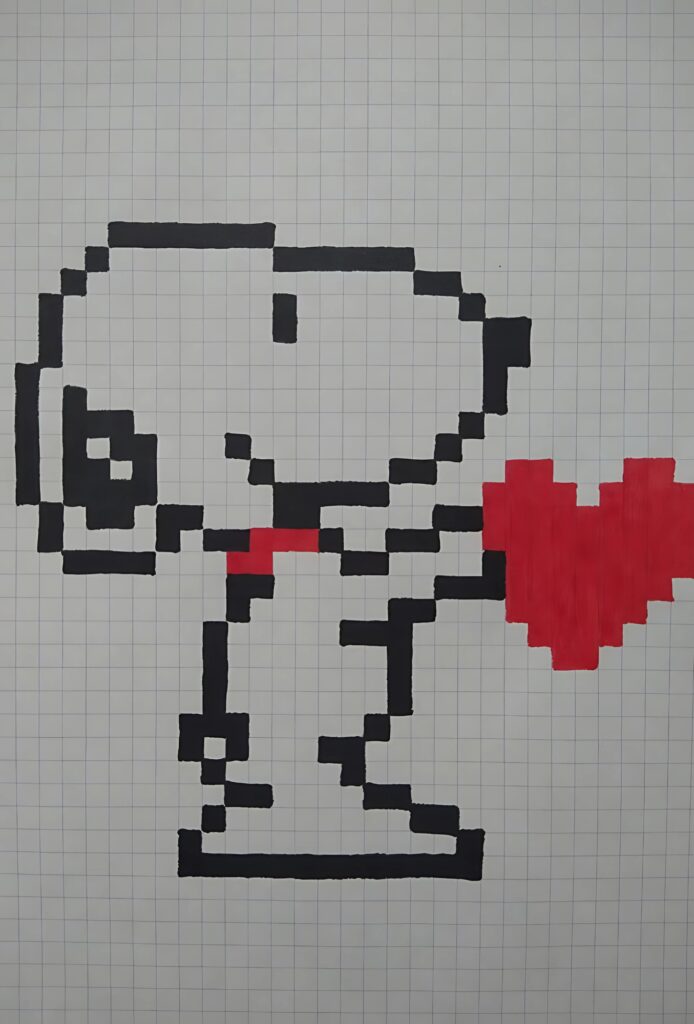 Pixel art of Snoopy holding a red heart, drawn on square grid paper with black and red coloring.