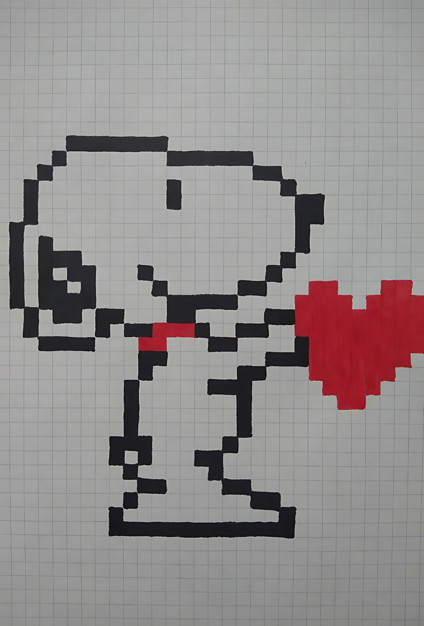 Pixel art of Snoopy holding a red heart, drawn on square grid paper with black and red coloring.
