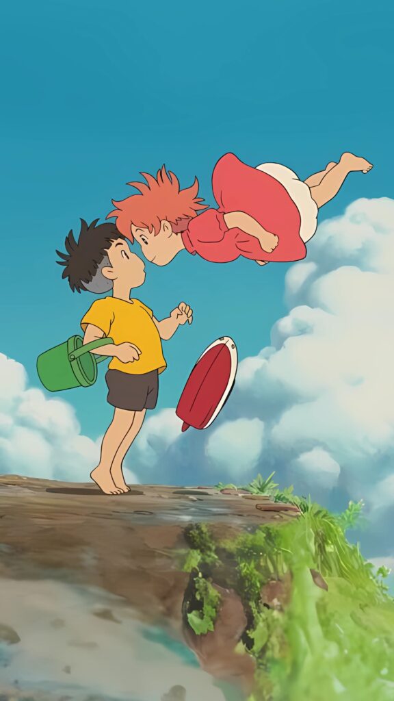 ponyo floating mid-air in front of Sosuke – Studio Ghibli anime scene with blue sky and clouds