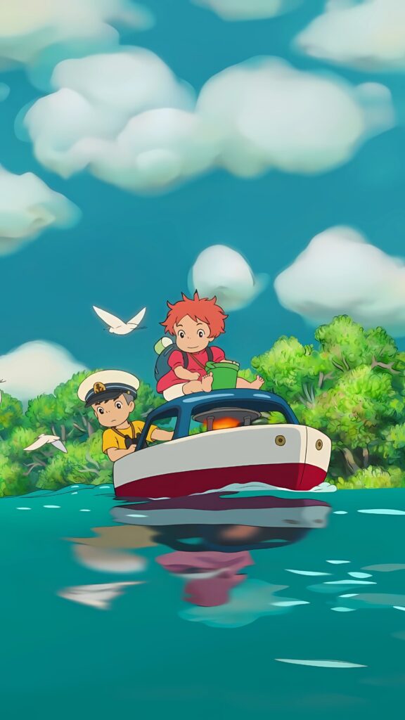 Studio Ghibli wallpaper featuring Ponyo and Sosuke on a toy boat sailing through calm waters – scene from Ponyo anime film