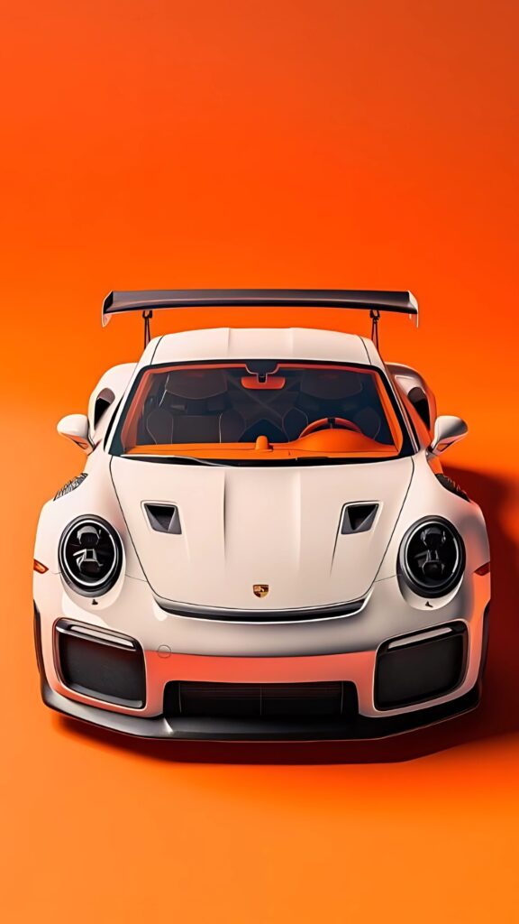 Front view of a white Porsche 911 GT2 RS against a vibrant orange background with carbon fiber wing and orange-accented interior.