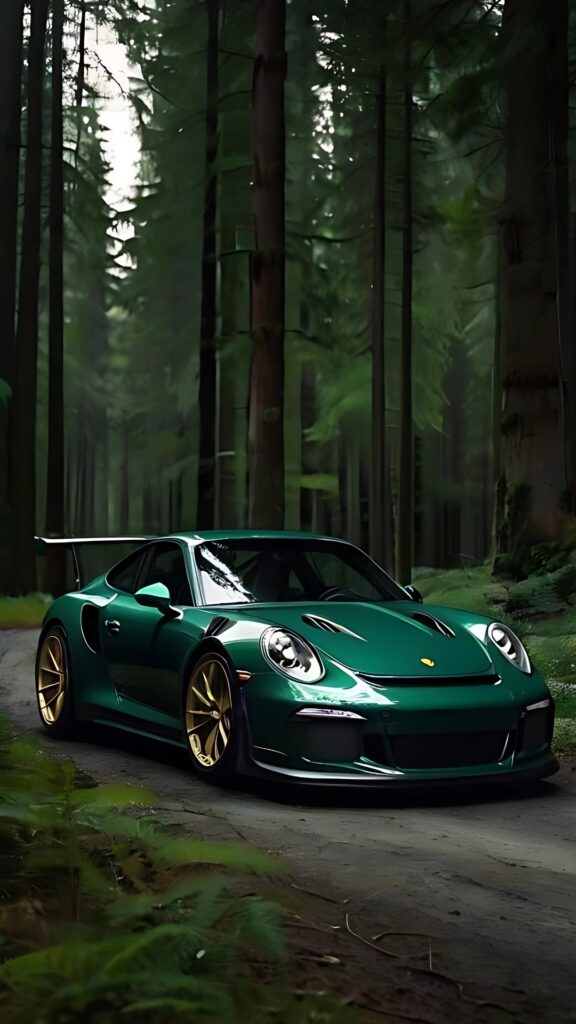 Green Porsche 911 GT3 with gold rims parked on a forest path surrounded by tall trees and natural greenery.