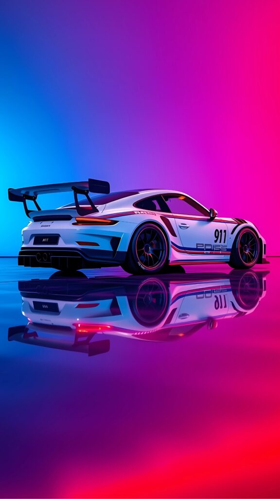 White Porsche 911 GT3 RS with 917 race livery in a neon-lit studio, featuring a large rear wing and colorful light reflections.