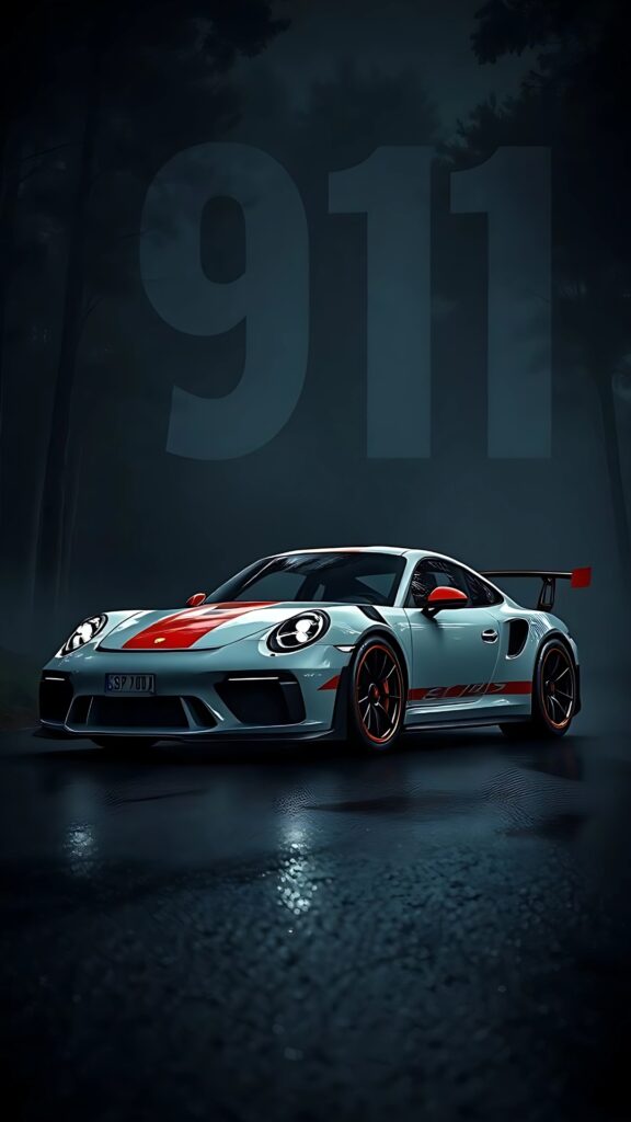 Silver Porsche 911 GT3 RS with red accents in a dark forest with 911 text overlay