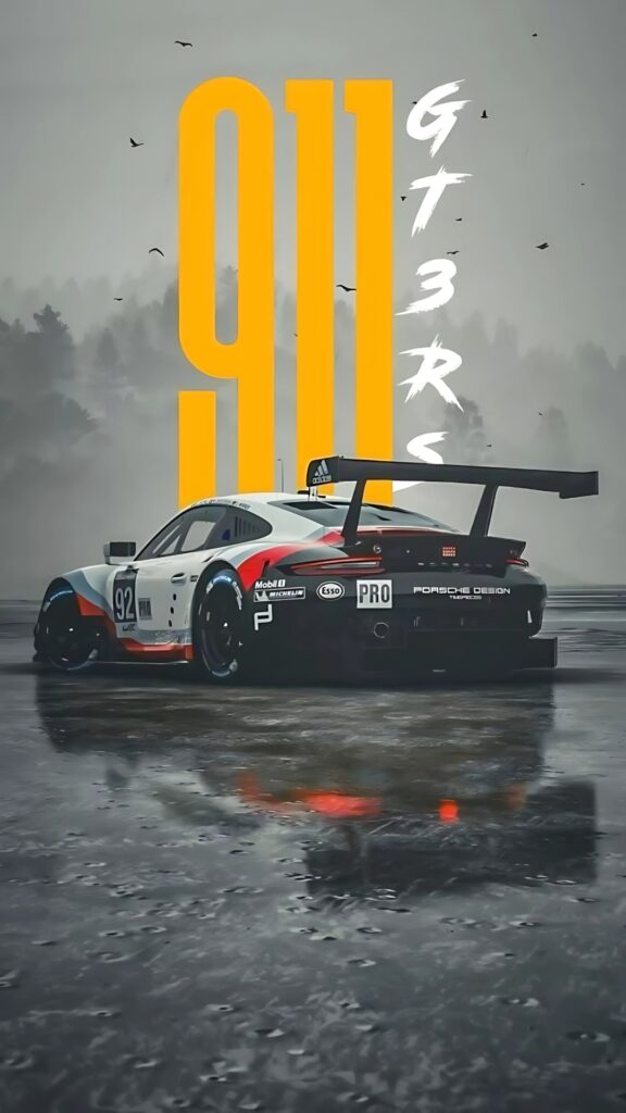 Rear view of Porsche 911 GT3 RS racecar #92 on wet track with forest background and bold yellow 911 text