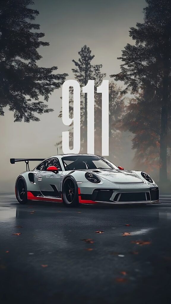 Silver Porsche 911 GT3 RS parked on wet pavement in a foggy forest with bold 911 text overlay