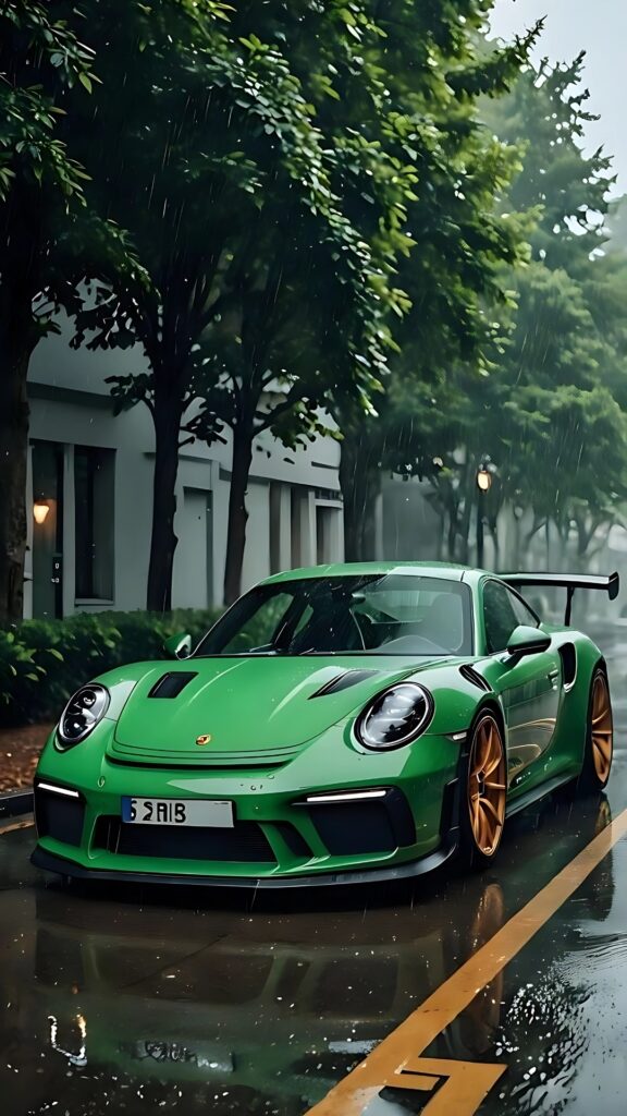 Green Porsche 911 GT3 with gold wheels parked on a wet street during rain, reflecting in puddles with trees and modern buildings in the background.
