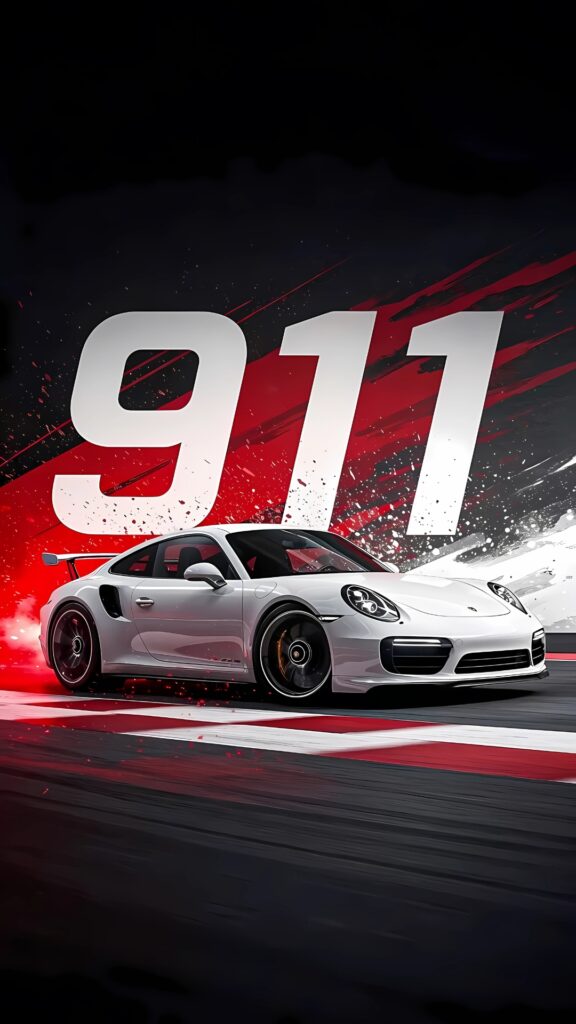 White Porsche 911 on racetrack with red and black paint streaks and large 911 text in background